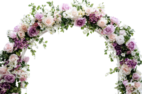 Elegant floral wedding arch arrangement isolated on transparent background. Beautiful wedding flower arch isolated on white background.