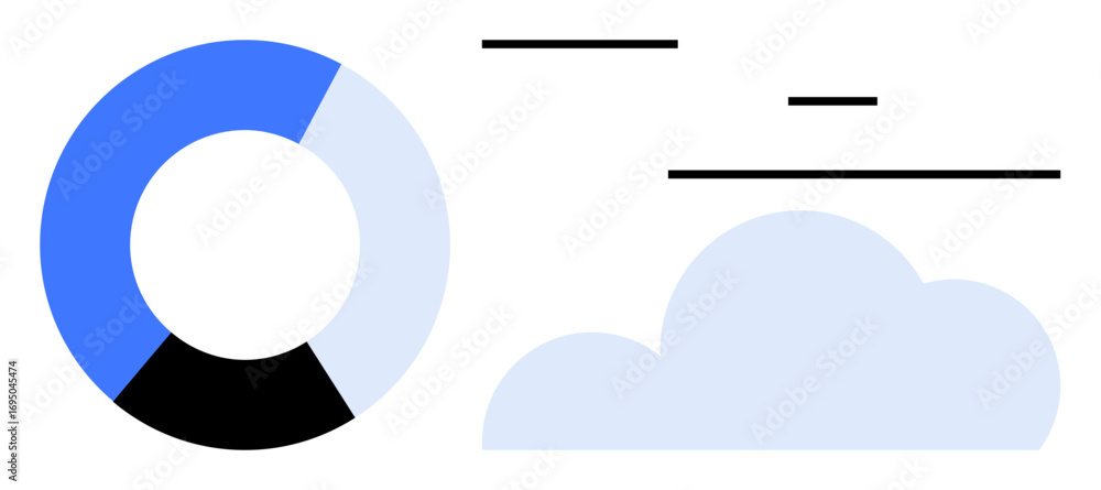 Poster circular chart, segmented, alongside soft cloud shape and horizontal lines. ideal for analytics, rep