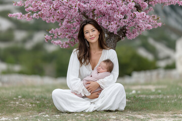 Mother sitting under blooming cherry blossom tree in spring, wearing flowing white dress and holding sleeping baby in arms, peaceful motherhood and nature bonding moment outdoors