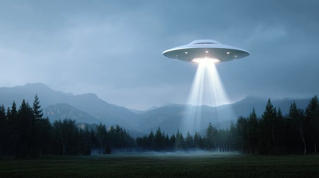 UFO flying overhead illuminating a misty field in a mountain landscape, concept of alien encounter, science fantasy image - Powered by Adobe