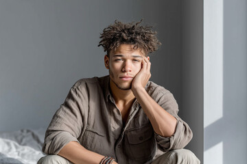 Thoughtful young man sitting indoors with head resting on hand, wearing casual neutral outfit, looking bored or pensive, emotional lifestyle portrait with natural window light