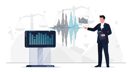 Forensic Audio Expert Analyzing Sound Wave Evidence in a Digital Courtroom Setting