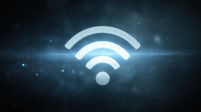 Wireless network symbol on dark background with glowing light. Wifi technology concept for internet connectivity and data transfer.