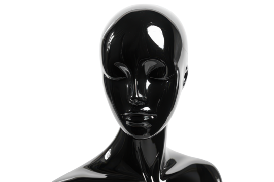 Glossy black mannequin head and shoulders isolated on transparent background. Black mannequin isolated on white background.