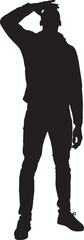 vector,silhouette of front view of a a man hand on forehead look up