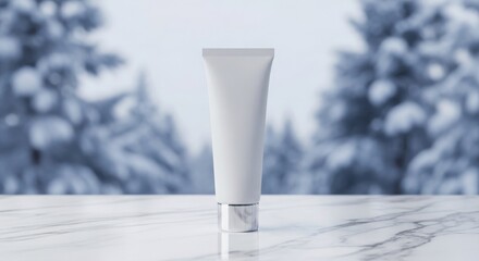 White Cosmetic Tube Mockup on Marble Surface with Winter Background