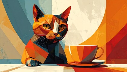 A stylized cat, presented in vibrant geometric shapes, gazes intently at a cup of tea.