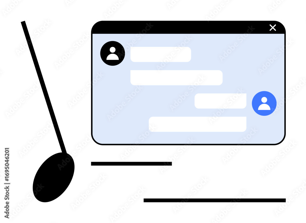 Poster messaging interface with user icons and conversation bubbles. stylized black and white accents. idea
