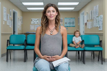 Pregnant woman sitting in medical waiting room with hands on belly, holding prenatal documents, young child in background, motherhood, healthcare, and family lifestyle concept