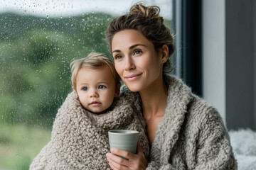 Mother and baby wrapped in cozy fleece blankets looking out rainy window, holding warm drink, peaceful parenting moment at home during fall or winter, family lifestyle concept