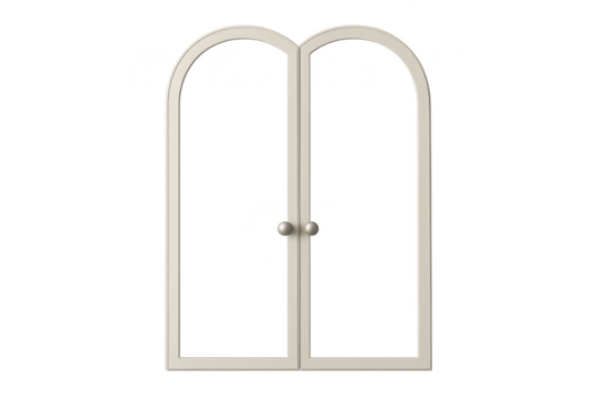 Elegant arched double doors, light beige, with handles, isolated on transparent background