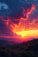 Obraz premium Dramatic cloudscape sunset over a serene landscape, vibrant colors painting the sky Perfect for travel, nature, and weather-related projects , colorful, calm, peaceful