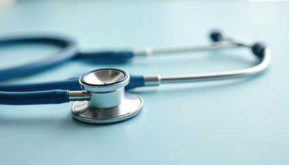 Close-up of a shiny, sterile stethoscope on a clean, light blue background. This medical instrument signifies health care, diagnostics, and pro medical services.