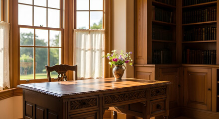 Elegant antique office room with desk, window and bookshelves illuminated by sunlight