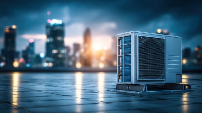 Medium shot of a splitsystem commercial HVAC unit mounted on a rooftop with sharp focus on the compressor blurred cityscape in the background highlighting efficient climate