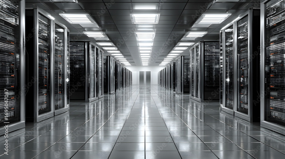 Poster depict a state of the art data center with rows of srver racks, cooling system, and redundant power 