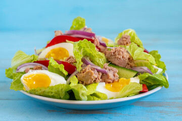 Tuna salad made of tuna fish, lettuce leaves, boiled eggs, bell pepper, onion on blue background.
