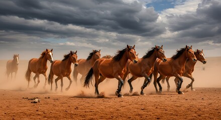 Fototapeta premium A herd of brown horses running across a dusty plain under a dramatic cloudy sky in a dynamic composition