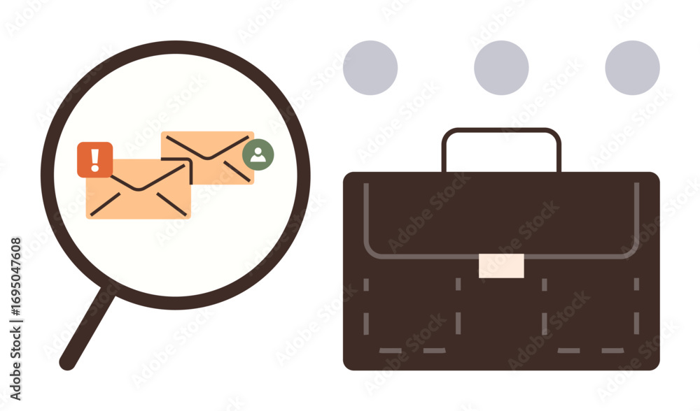 Poster magnifying glass analyzing emails with notifications, near a briefcase. ideal for work communication