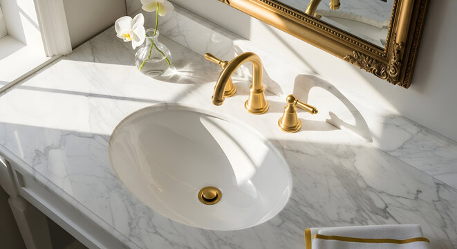 Elegant Bathroom Basin With Golden Faucet Details And Natural Light Display