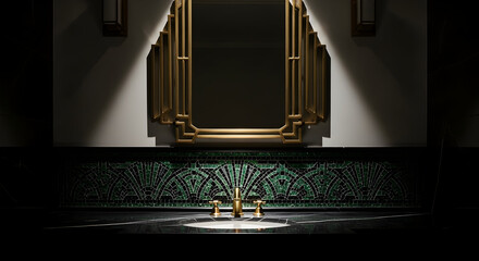 Elegant Bathroom Design: Art Deco Mirror, Basin, And Geometric Mosaic Detailing