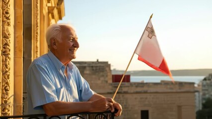 elderly man waving maltese flag from historic balcony at sunset, symbolizing national pride and heritage. concept of patriotism and tradition. travel and tourism, malta independence day.