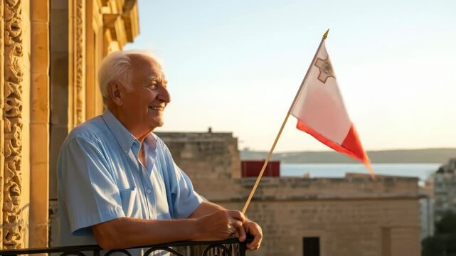 elderly man waving maltese flag from historic balcony at sunset, symbolizing national pride and heritage. concept of patriotism and tradition. travel and tourism, malta independence day.