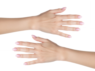 Two woman hands extended gracefully with open fingers, displaying symmetry, elegance, expression, movement, connection. display mockup for nails, jewelry and watches.