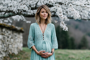 Pregnant woman in flowing light blue dress standing under blooming cherry blossoms in springtime, serene maternity portrait in nature, peaceful motherhood and outdoor beauty