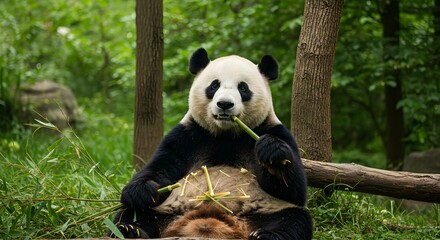 Fototapeta premium A panda sitting and eating bamboo shoots in a forest environment surrounded by lush green trees and grass
