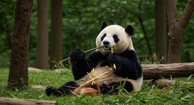 A giant panda is sitting on the ground eating bamboo shoots in a lush green forest environment outdoors
