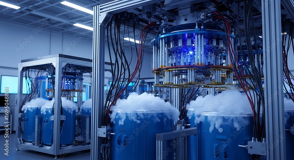 Aufkleber high-tech quantum computing setup with blue lighting and complex wiring system