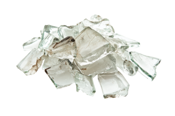 Pile of crushed teal glass shards isolated on transparent background. Broken glass isolated on white background.