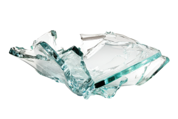 Pile of crushed teal glass shards isolated on transparent background. Broken glass isolated on white background.