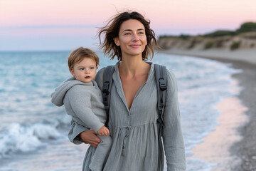 Young mother carrying baby on beach at sunset, both wearing matching gray outfits, serene family travel moment by the sea, peaceful parenting lifestyle during golden hour
