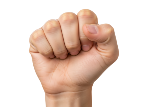 Man hand making a closed fist gesture isolated on transparent background representing strength and determination