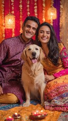 Couple with their pet in Diwali decor, template for social media, digital ads, web banner, mobile wallpaper, greeting card