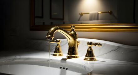 Elegant Bathroom Fixture With Golden Faucet And Marble Countertop Detail