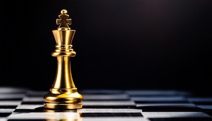 a leadership power concept golden king chess piece on dark board with dramatic lighting for advertise for banner with copy space