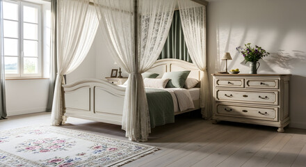 Elegant Bedroom With Four Poster Bed, Shabby Chic Furniture, and Natural Light