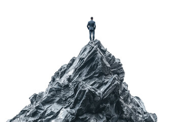 Fototapeta premium Snow capped mountain peak with a tiny man at the summit isolated on transparent background. Businessman standing on top of a mountain peak isolated on white background.