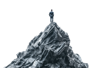 Snow capped mountain peak with a tiny man at the summit isolated on transparent background. Businessman standing on top of a mountain peak isolated on white background.