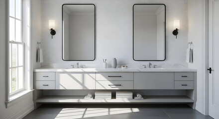 Elegant Bathroom Interior Design Featuring Double Mirrors and Stylish Vanity Cabinetry