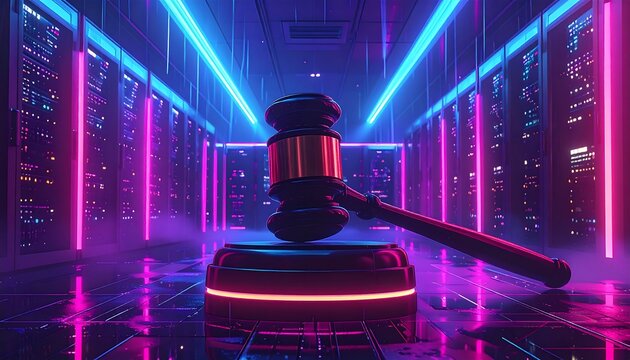 A judgmental gavel sits amidst a futuristic server room, illuminated by vibrant neon lights. - Powered by Adobe