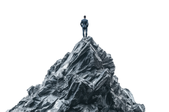 Snow capped mountain peak with a tiny man at the summit isolated on transparent background. Businessman standing on top of a mountain peak isolated on white background.