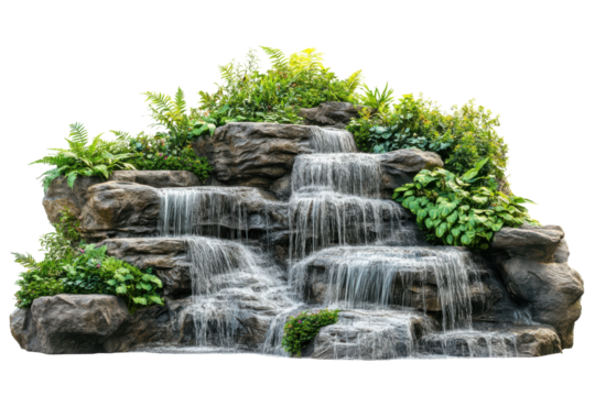 Multi tiered rock waterfall with lush green foliage isolated on transparent background. Cascading waterfalls in a lush green place isolated on white background.