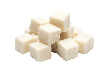 Pile of white cheese cubes isolated on transparent background. Cheese piece cube isolated white on background.