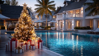 Festive Christmas Tree by Luxury Pool with Gifts in Tropical Villa Setting