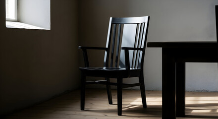 Elegant Black Chair and Table Illuminated by Sunlight in a Minimalist Room