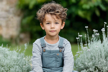 Portrait of curly-haired young boy wearing striped shirt and green overalls sitting in a garden surrounded by lavender plants, natural outdoor child photography in daylight